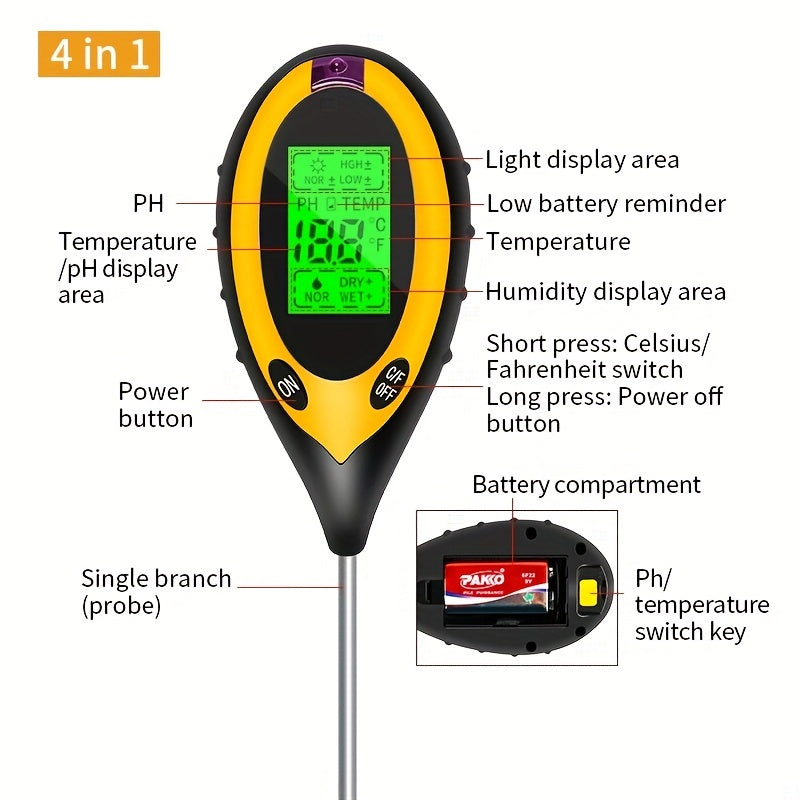 1pc 4-in-1 Electronic Soil Detector, PH Tester, Light Meter, Acid And Alkali Detection