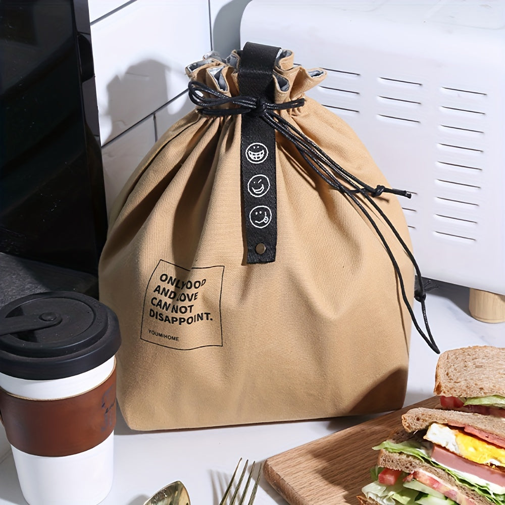 Simple Lunch Handbag, Insulated Drawstring Design Handbag, Letter Printed Lunch Box Bag For Work Picnic